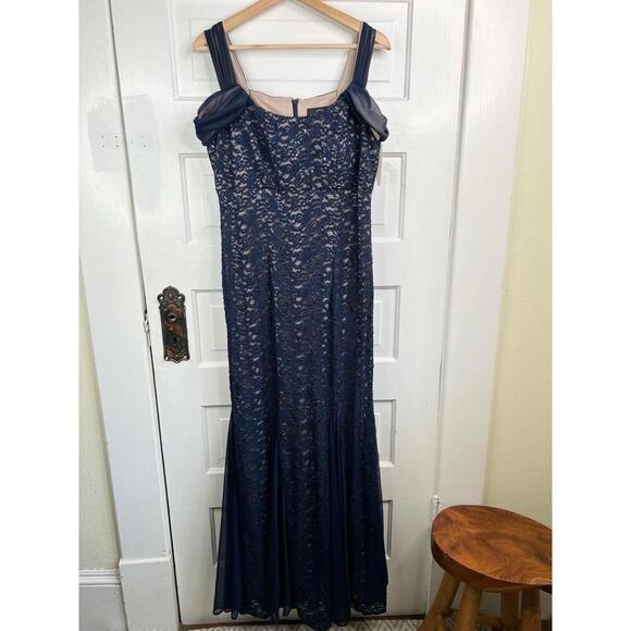 Alex Evenings Womens Size 10 Navy Mermaid Gown Lace Off Shoulder Elegant - Picture 3 of 13